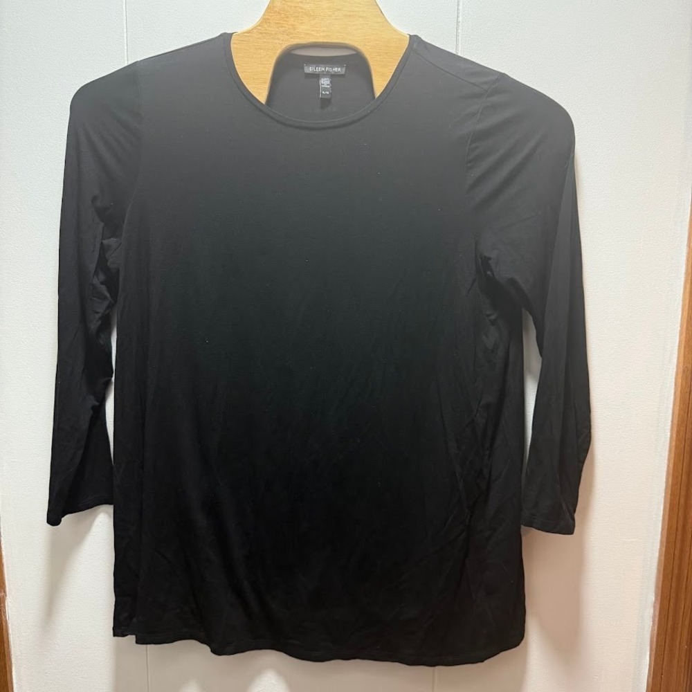 Eileen Fisher Black Tencel Lyocell Stretch Crew Neck 3/4 Sleeve Top Size‎ XL